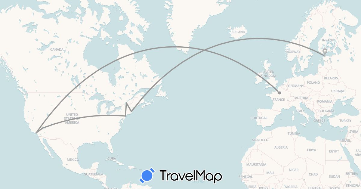 TravelMap itinerary: plane in Canada, Estonia, France, United States (Europe, North America)